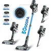 A collage of images showcasing a cordless vacuum cleaner and its accessories, along with marketing text highlighting its features. Produktbild-Vorschau