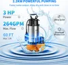 A submersible water pump is shown in a dynamic splash of water, with feature callouts. Produktbild-Vorschau