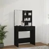 A black vanity table with a mirror and shelves, set against a white wall with a plant to the left and curtains to the right. Podgląd zdjęcia produktu