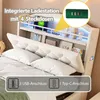 A bed with a headboard featuring a built-in charging station and shelves. Text overlays highlight features. Náhľad obrázku produktu