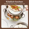 A multi-tiered stainless steel steamer pot with food being prepared inside. Produktbild-Vorschau