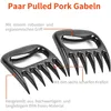 Two black pulled pork claws are shown with descriptive text pointing to their features. Produktbild-Vorschau