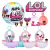 A collage of LOL Surprise Mini Family toys, including a large spherical package and several smaller playsets with dolls. Produktbild-Vorschau