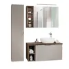 A bathroom vanity set with a tall cabinet, a vanity unit with a sink and faucet, and a wall-mounted cabinet with a mirror. Produktbild-Vorschau