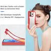 A woman is holding a red and clear phone case, with a diagram showing how the case is assembled. Produktbild-Vorschau