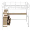A white metal loft bed with a wooden desk and drawers. Produktbild-Vorschau
