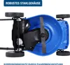 Underside view of a blue lawnmower with a black cutting blade and wheels. Produktbild-Vorschau