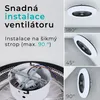 A collage showing a ceiling fan with light, text describing its easy installation, and diagrams of installation angles. Náhled obrázku produktu