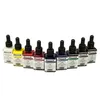 A row of ten small bottles of colored ink with droppers. Produktbild-Vorschau