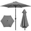 A gray patio umbrella is shown in three different states: fully open, folded, and a top-down view of the canopy. Produktbild-Vorschau
