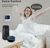 A woman is waking up in bed and stretching, with smart home devices and a thermostat visible. Produktbild-Vorschau