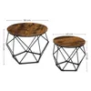 Two round coffee tables with a rustic wood top and black geometric metal bases are shown with dimensions indicated by measurement lines and text. Podgląd zdjęcia produktu