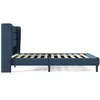 A side view of a blue upholstered bed frame with a slatted base, shown against a white background. Produktbild-Vorschau