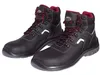 A pair of black safety boots with red accents and laces, presented against a white background. Produktbild-Vorschau