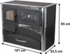 A black wood-burning stove with glass doors and metal accents, shown with dimensions indicated by arrows and text. Produktbild-Vorschau