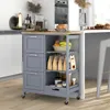 A kitchen cart with drawers and shelves is shown in a kitchen setting. Voir les images du produit