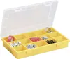 An open yellow storage box with multiple compartments filled with various hardware items like screws, nuts, hose clamps, and electrical tape. Produktbild-Vorschau