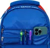 Close-up view of the interior organization pockets of a backpack, showing pens and a smartphone. Produktbild-Vorschau