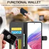 A close-up of a wallet-style phone case with cards and cash inserted, with a blurred background of people in a store. Produktbild-Vorschau