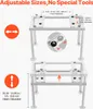 A diagram showing the adjustable dimensions of a white metal stand for an air conditioning unit. Anteprima dell’immagine prodotto