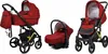 A collage of three different configurations of a red baby stroller system, including a bassinet, a car seat, and a stroller seat. Náhled obrázku produktu