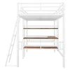 A white metal bunk bed with wooden shelves and a desk, shown from the front against a white background. Anteprima dell’immagine prodotto