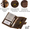 A brown leather wallet is shown open, displaying its various compartments for cards, cash, and coins. Several close-up insets highlight specific features like the zippered compartment, coin pocket, and snap closure. Produktbild-Vorschau
