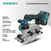 A cordless circular saw with a battery pack, shown with product specifications listed to the left. Voir les images du produit