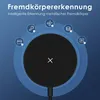 A diagram illustrating the foreign object detection feature of a wireless charger, showing icons of common metallic objects that could interfere with charging. Produktbild-Vorschau