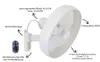 A white wall-mounted fan with labels pointing out its features. Produktbild-Vorschau