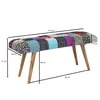 A patchwork upholstered bench with dimensions indicated by measurement lines and text. Produktbild-Vorschau
