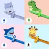 A collage of four different animal-themed gel pens, each with a corresponding color swatch and text. Produktbild-Vorschau