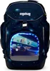 A dark blue backpack with a futuristic car graphic illuminated by blue LED lights. Produktbild-Vorschau