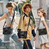 A collage showing three people of different ages using a tablet case with a shoulder strap. Produktbild-Vorschau