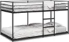 A black metal bunk bed with white and gray chevron patterned bedding. Náhled obrázku produktu