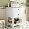 A clean and organized bathroom vanity with a sink, drawers, and open shelving. Produktbild-Vorschau