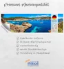 A panoramic image of a bay with boats, accompanied by text listing product features and a logo. Produktbild-Vorschau