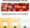 Collage showing strawberries with different CRI ratings and different color temperatures of light bulbs. Produktbild-Vorschau