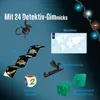 A collection of detective-themed items, including a monkey figurine, stickers, a notepad, a phone holder, a dice, and a stamp, against a dark blue background with decorative lights. Voir les images du produit