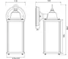 Technical drawings of an outdoor wall lamp with dimensions. Voir les images du produit