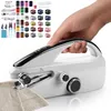 A hand is holding a portable sewing machine, with a kit of sewing supplies in the background. Produktbild-Vorschau