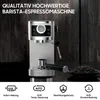 A silver and white espresso machine is shown in the center of the image, with a pile of coffee beans in the bottom right corner. Below the machine are four icons with German text describing features. Náhľad obrázku produktu