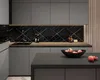 A modern kitchen with gray cabinets, a black marble backsplash, and a bowl of fruit on a dark countertop. Anteprima dell’immagine prodotto
