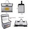 A collage of images showing a fireproof LIPO battery safety bag from different angles and with dimensions indicated. Produktbild-Vorschau