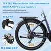 Close-up view of the rear wheel and drivetrain of an electric bicycle, with inset images of the handlebars and brake lever, and text highlighting features. Produktbild-Vorschau