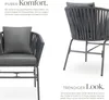 A close-up view of a modern outdoor chair with text descriptions highlighting its comfort and style. Produktbild-Vorschau