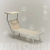A beige and silver beach lounger with various features highlighted by callout circles and text. Produktbild-Vorschau