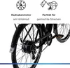Close-up of the rear wheel and drivetrain of a black electric bicycle, with marketing text and icons above. Produktbild-Vorschau