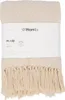 A folded beige blanket with fringes, displayed with its packaging label. Podgląd zdjęcia produktu