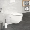 A modern bathroom setting with a wall-hung toilet and accessories. Produktbild-Vorschau
